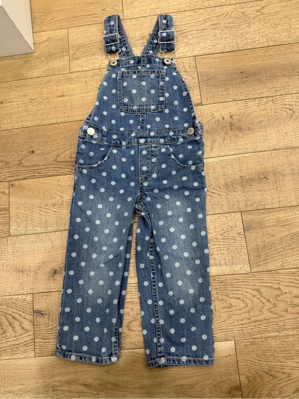 Girls Blue Polka Dot Denim Overalls with Adjustable Straps
